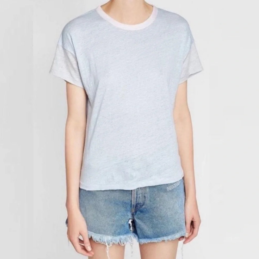 Rag & bone baby blue oversized boxy linen Tshirt with pink, grey details size xs